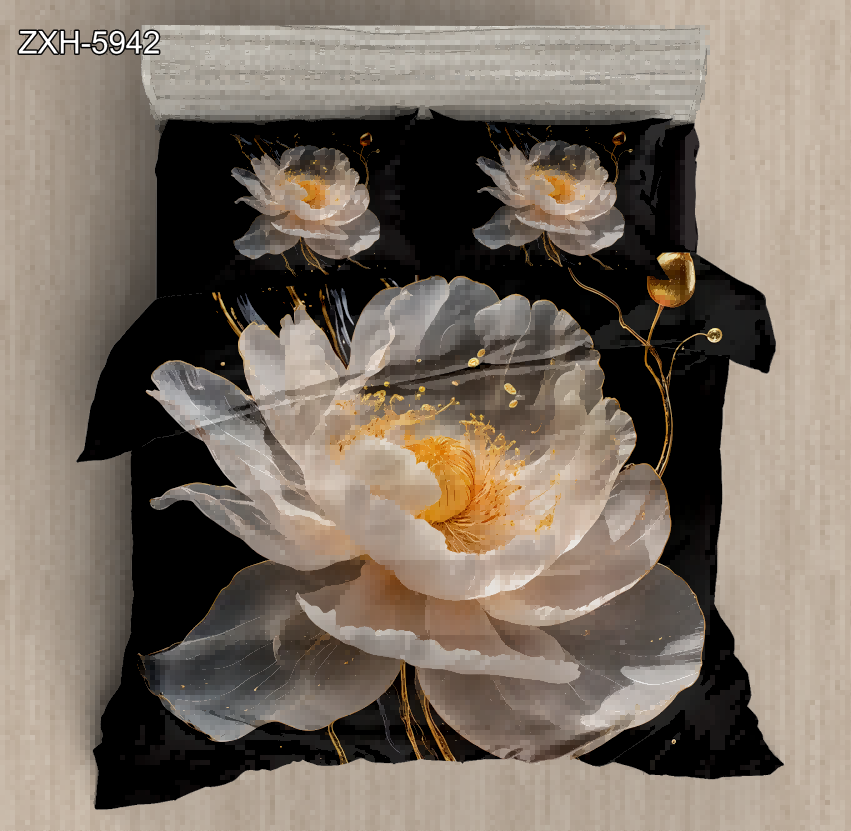 5D Floral Digital Print Bedding Set - ‌Peony & Gold Accents