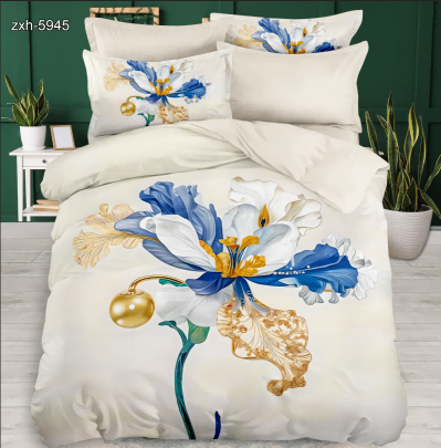 5D Floral Digital Print Bedding Set - ‌Iris & Gold Accents