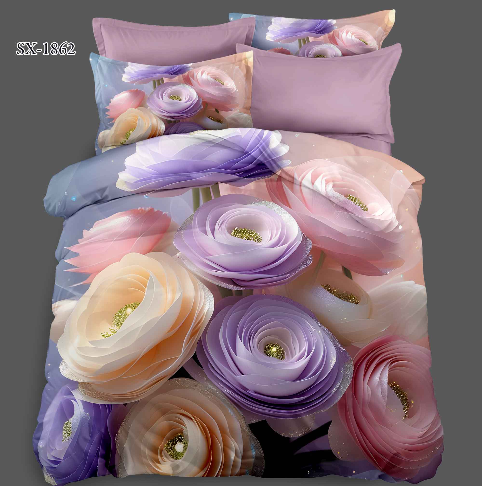 5D Floral Digital Print Bedding Set - Pastel Floral Bouquet