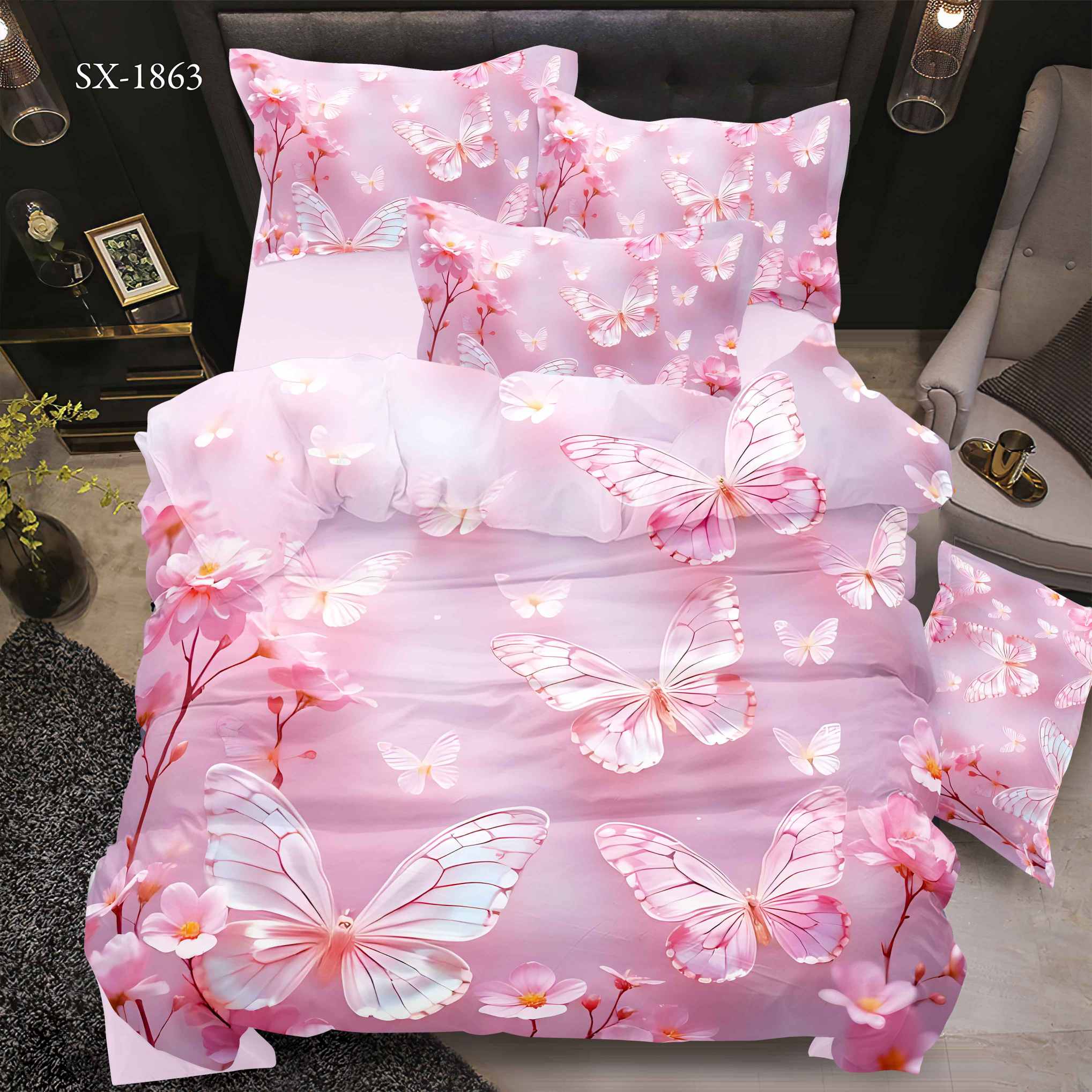 5D Floral Digital Print Bedding Set - Pink Butterfly & Cherry Blossom