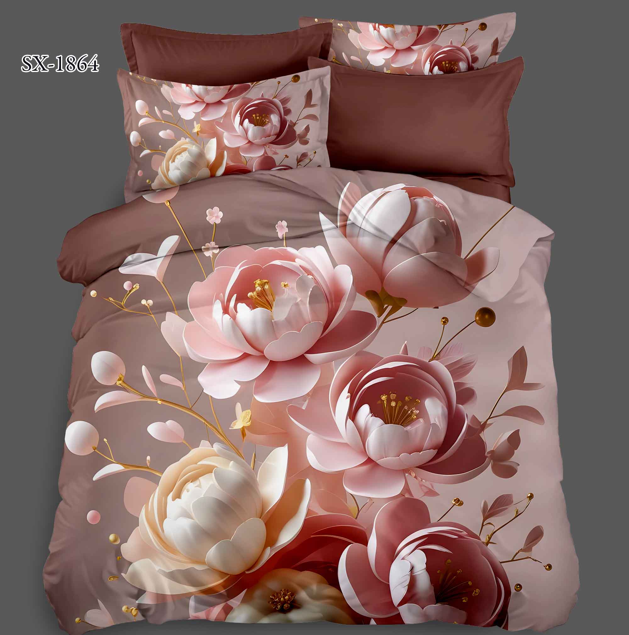 5D Floral Digital Print Bedding Set - Pink Peony & Gold Accents