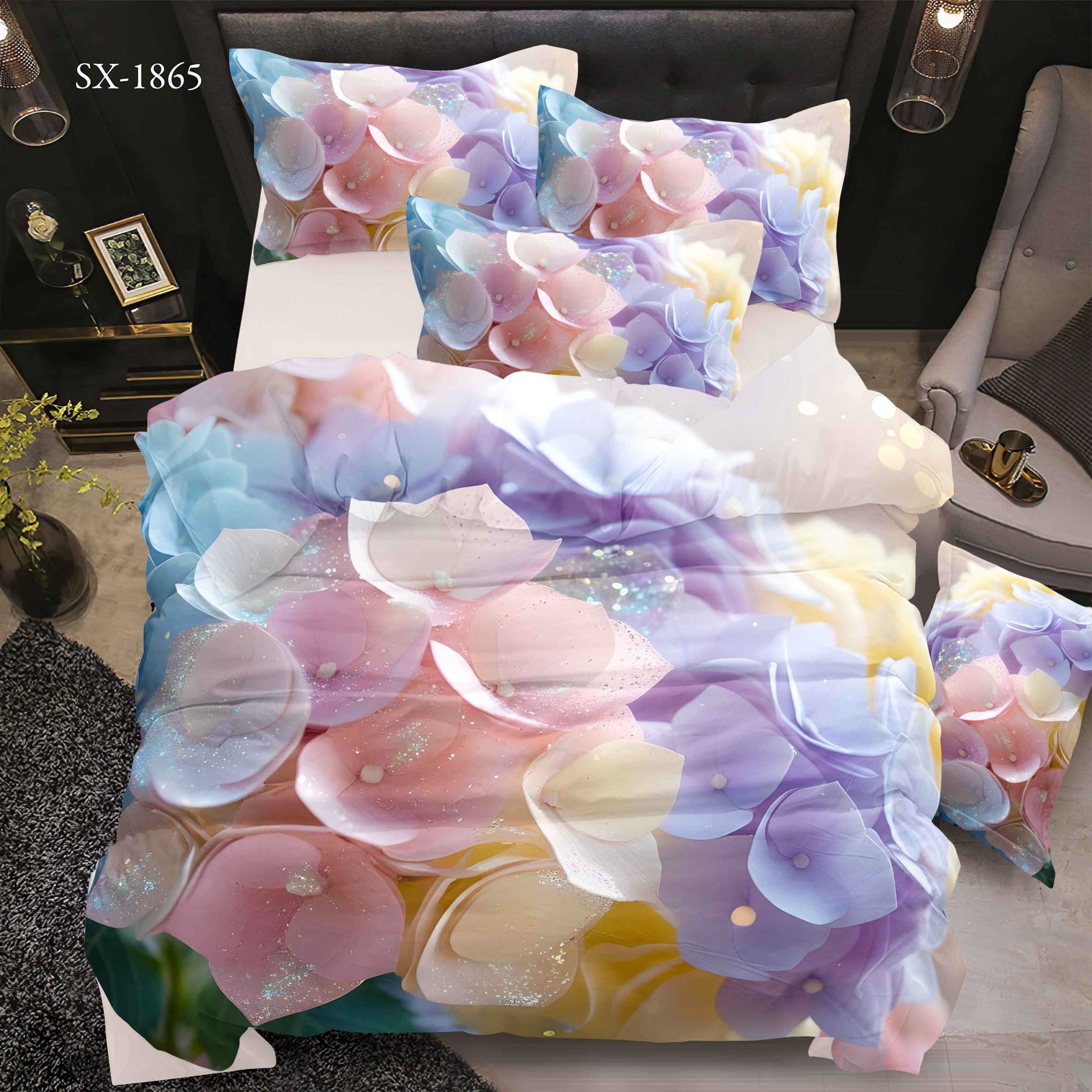 5D Floral Digital Print Bedding Set - Pastel Hydrangea Bouquet Design‌