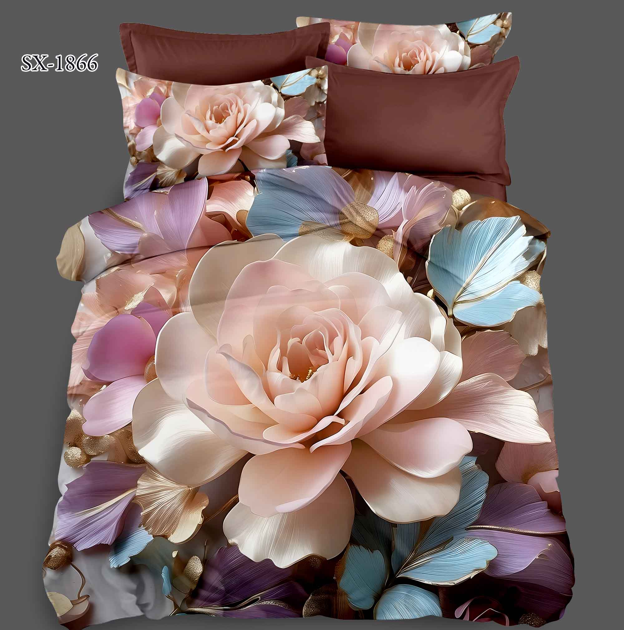 5D Floral Digital Print Bedding Set - Pink Rose & Blue Butterfly