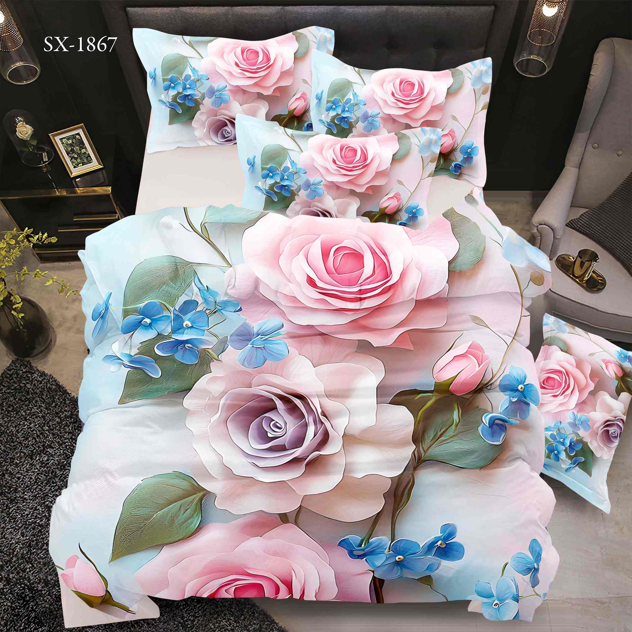 5D Floral Digital Print Bedding Set - Pink Rose & Blue Hydrangea