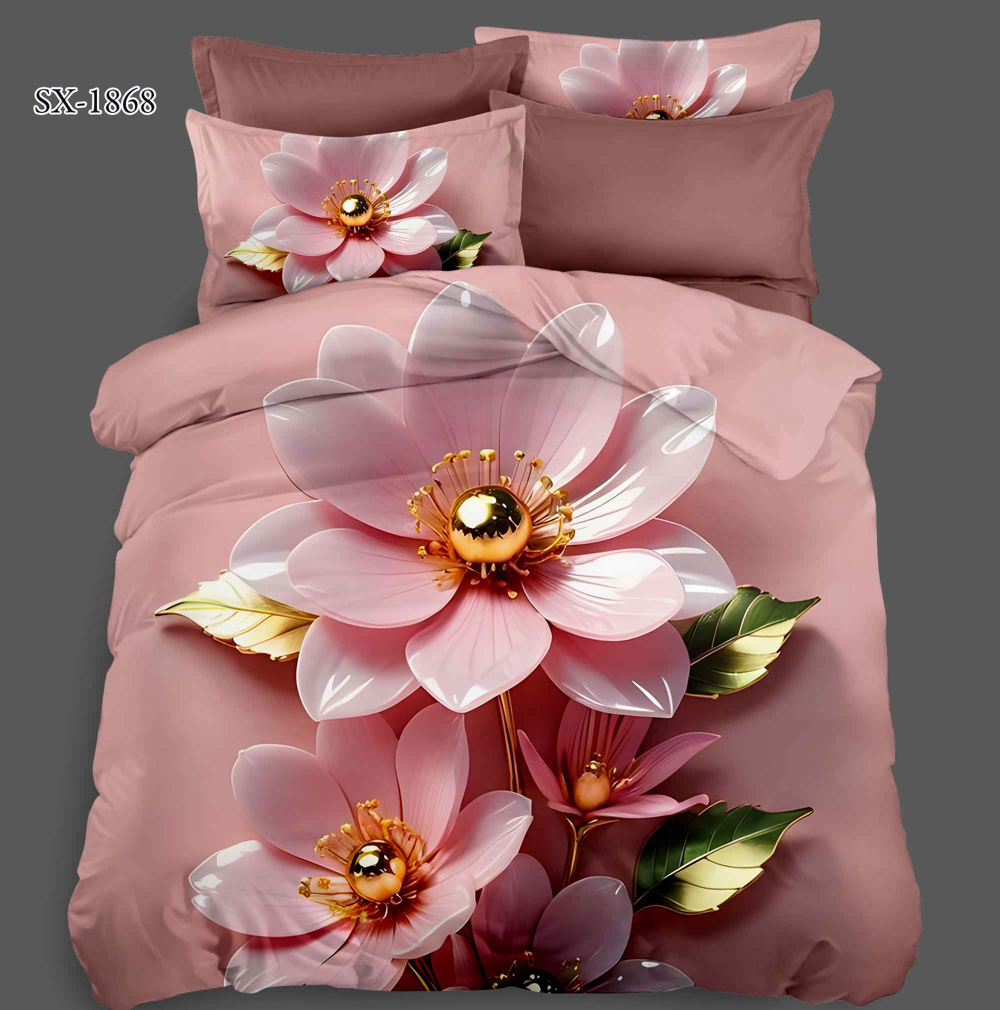 5D Floral Digital Print Bedding Set - Pink Flower with Golden Center