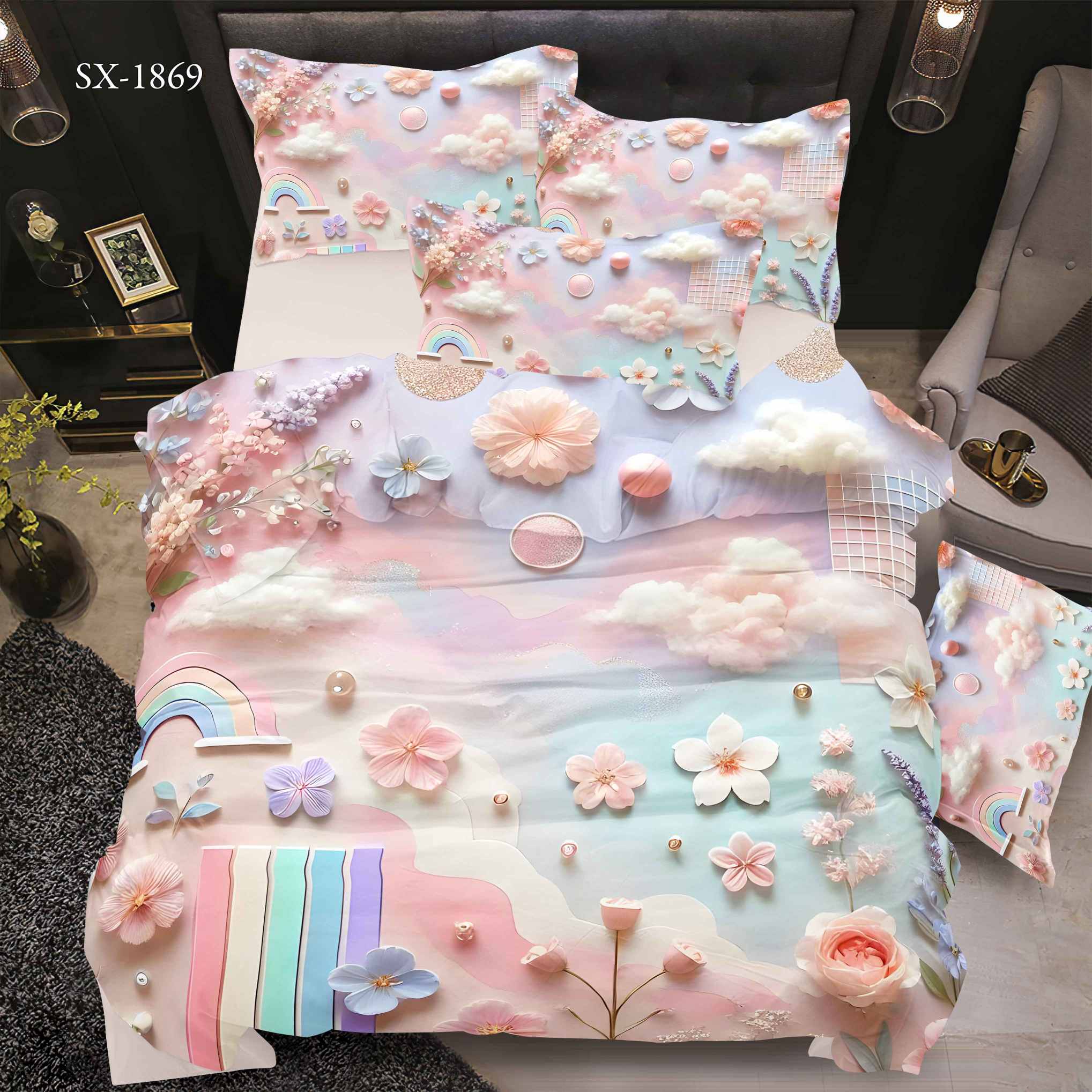 5D Floral Digital Print Bedding Set - Pastel Rainbow & Flower Fantasy