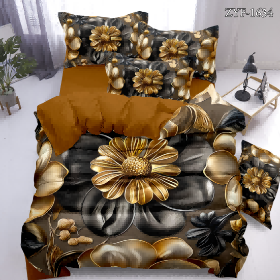 5D Floral Digital Print Bedding Set - Luxurious Gold Sunflower & Black Lotus