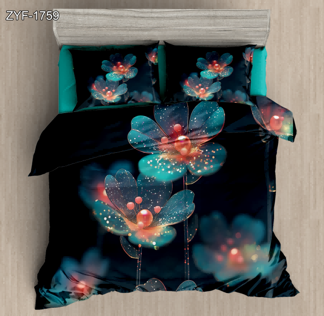 5D Floral Digital Print Bedding Set - Blue & Red Flower