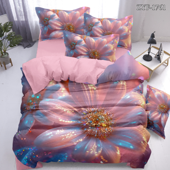 5D Floral Digital Print Bedding Set - Pink & Blue Floral