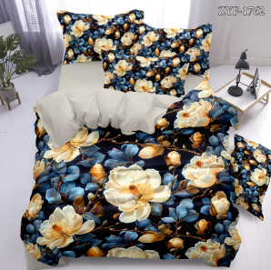 5D Floral Digital Print Bedding Set - Navy Blue & Cream Floral