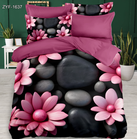5D Floral Digital Print Bedding Set - Vibrant Pink Daisy & Black Pebble