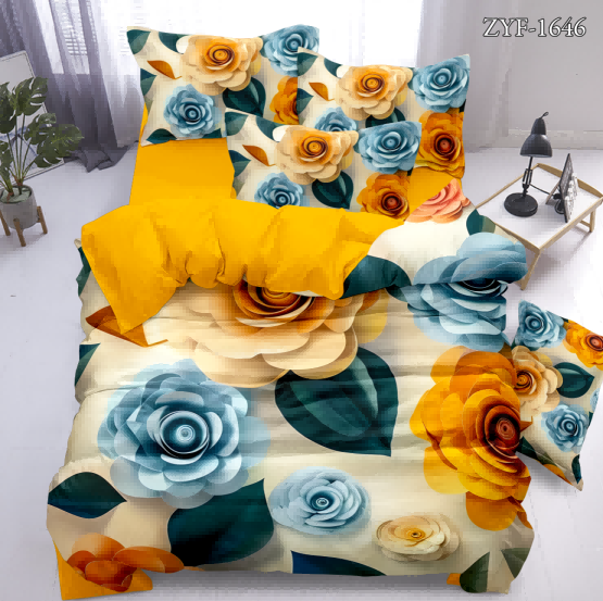 5D Floral Digital Print Bedding Set - Vibrant Blue & Yellow Rose