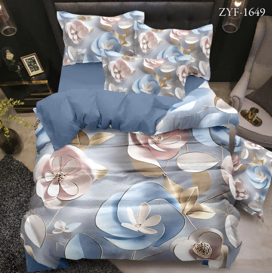 5D Floral Digital Print Bedding Set - Soft Blue & Pink Floral