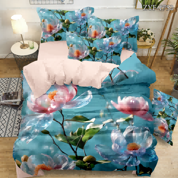 5D Floral Digital Print Bedding Set - Blue & Pink Lotus