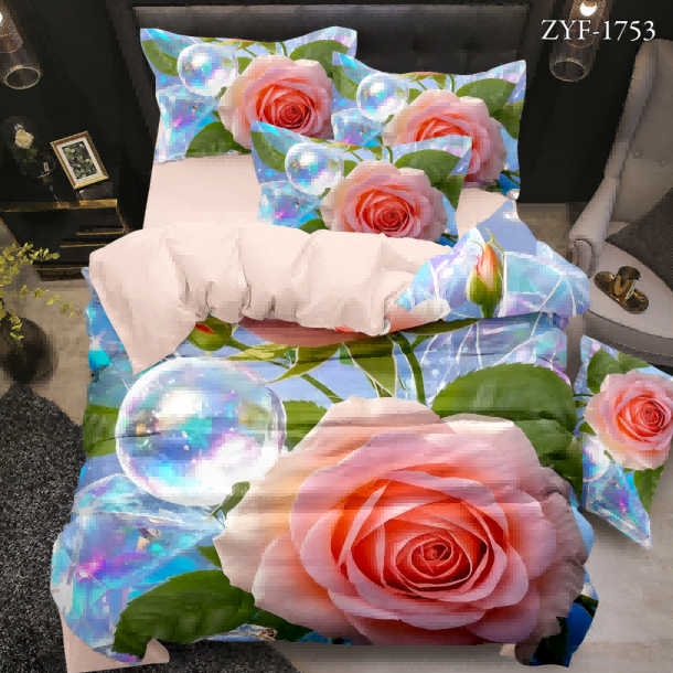 5D Floral Digital Print Bedding Set - Pink Rose & Holographic Bubble