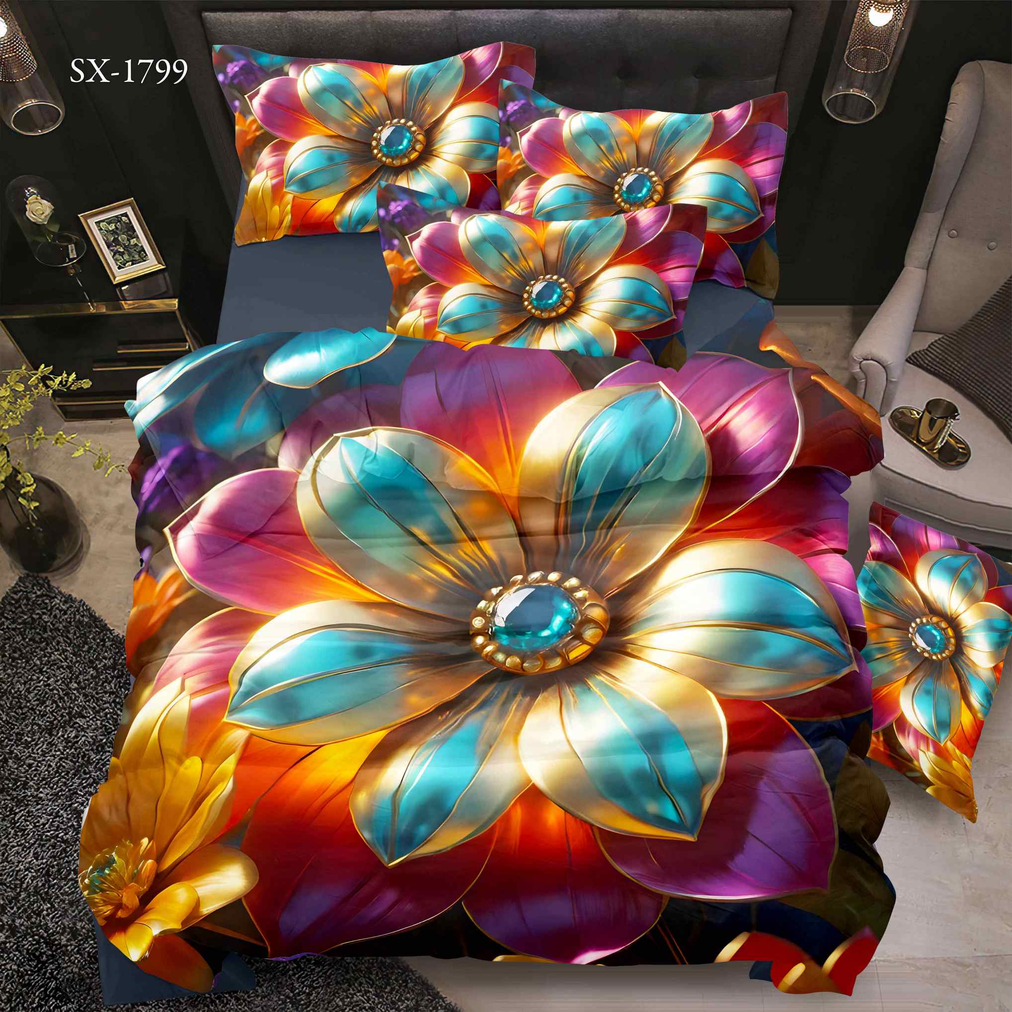 5D Floral Digital Print Bedding Set - Bold Floral with Metallic Accents‌