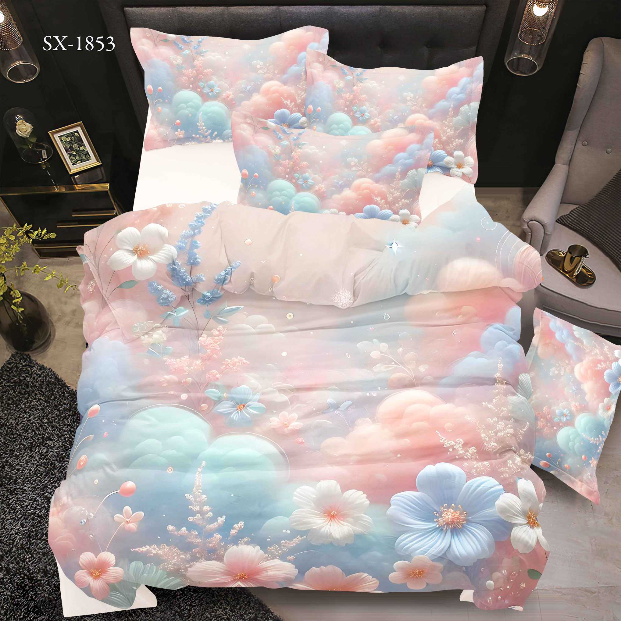 5D Floral Digital Print Bedding Set - Dreamy Cloud & Flower Fantasy