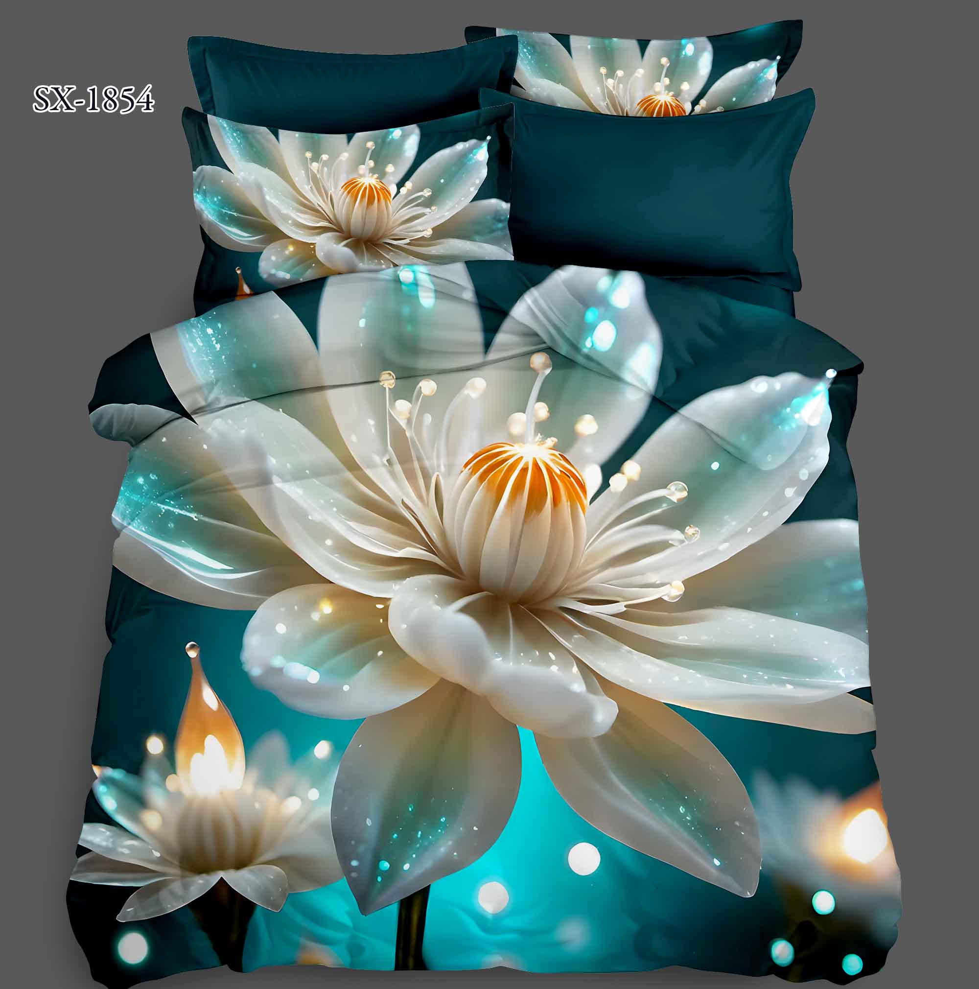 5D Floral Digital Print Bedding Set - Luxurious Lotus & Lantern Fantasy