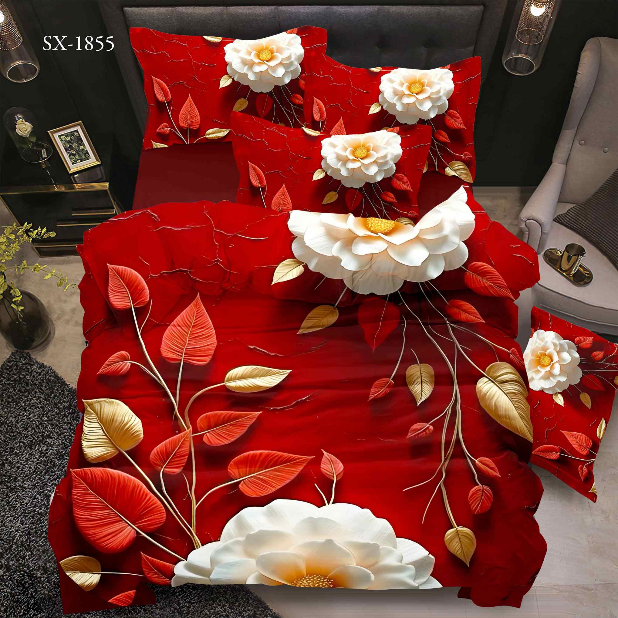 5D Floral Digital Print Bedding Set - Vibrant Peony & Red Leaves