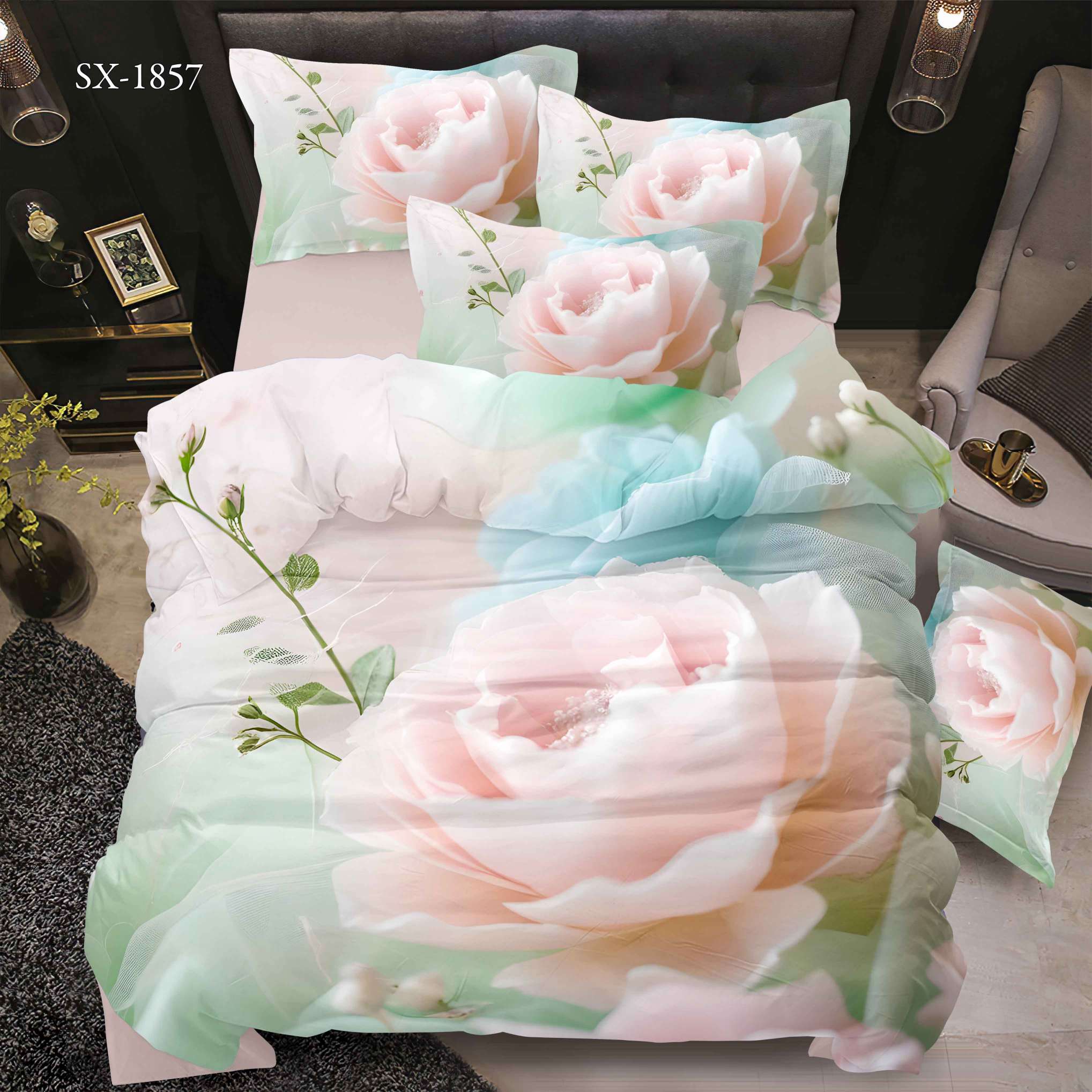 5D Floral Digital Print Bedding Set - Romantic Pink Rose & Green Leaves