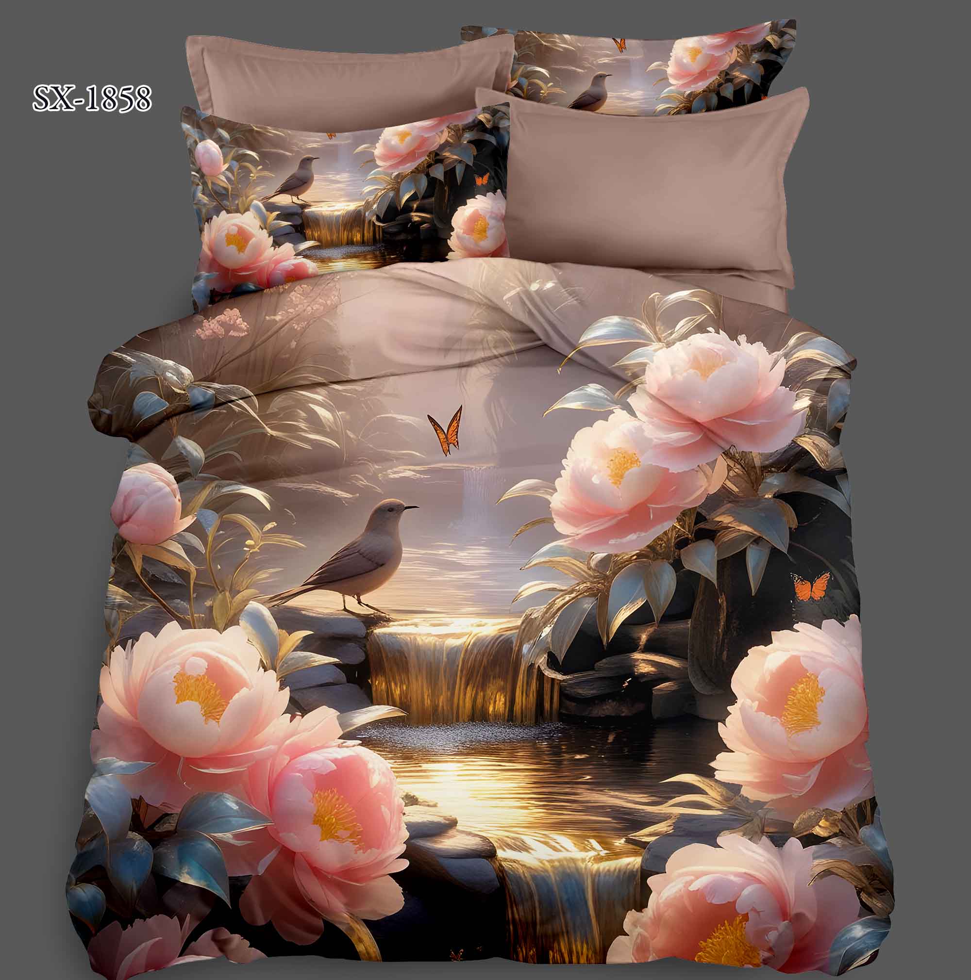 5D Floral Digital Print Bedding Set - Serene Pink Peony & Waterfall Paradise