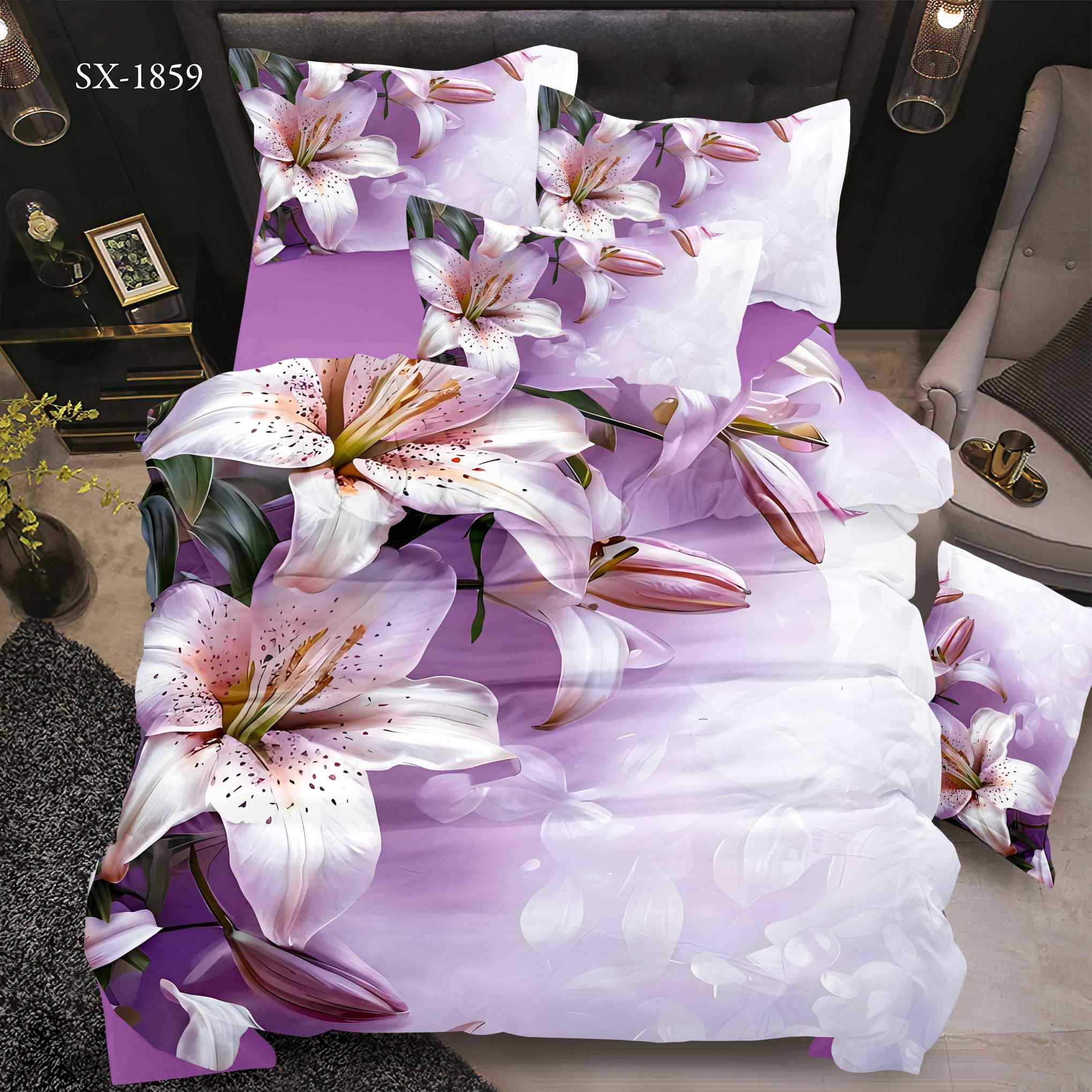 5D Floral Digital Print Bedding Set - Dreamy Pink Lily & Purple Background