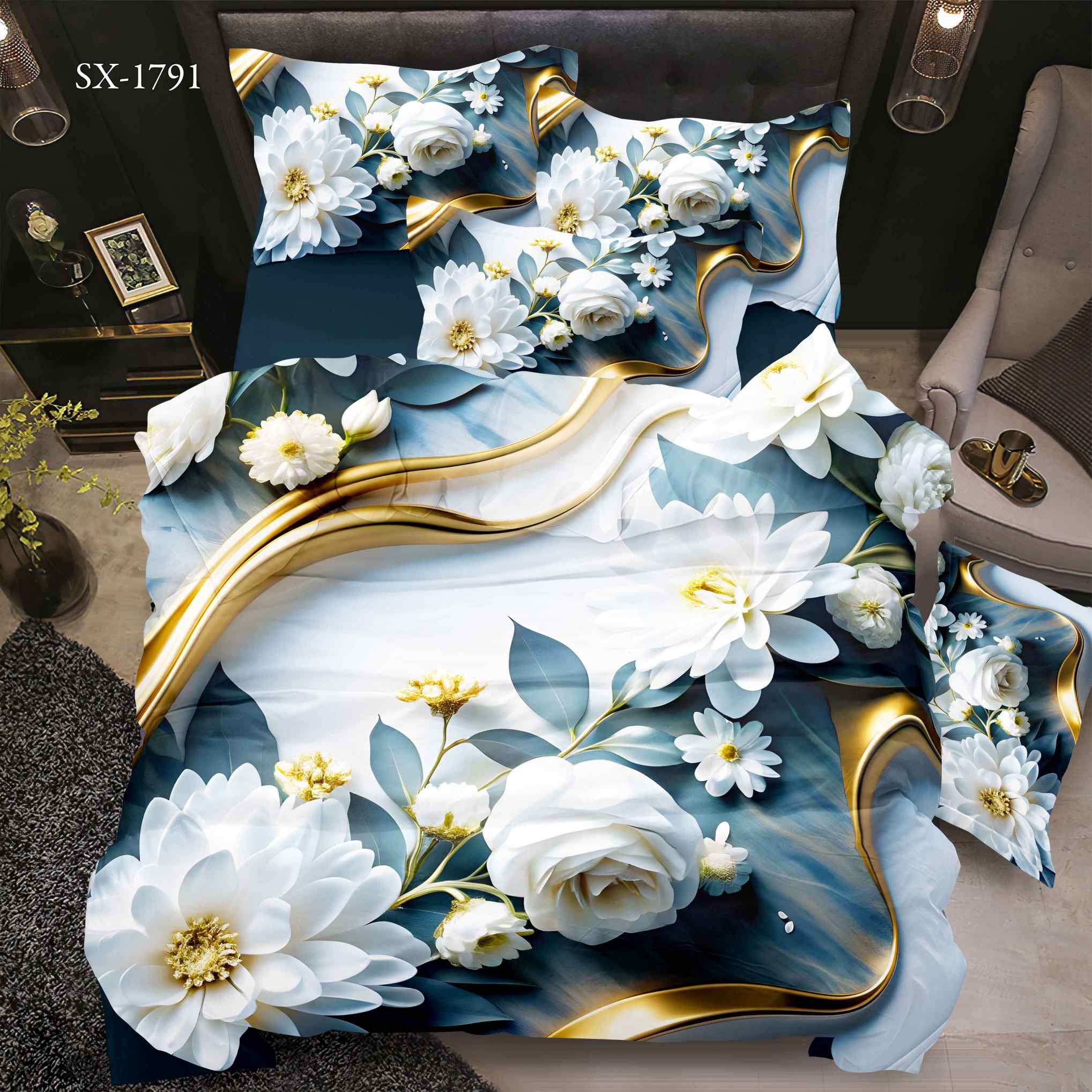 5D Floral Digital Print Bedding Set - White Dahlia