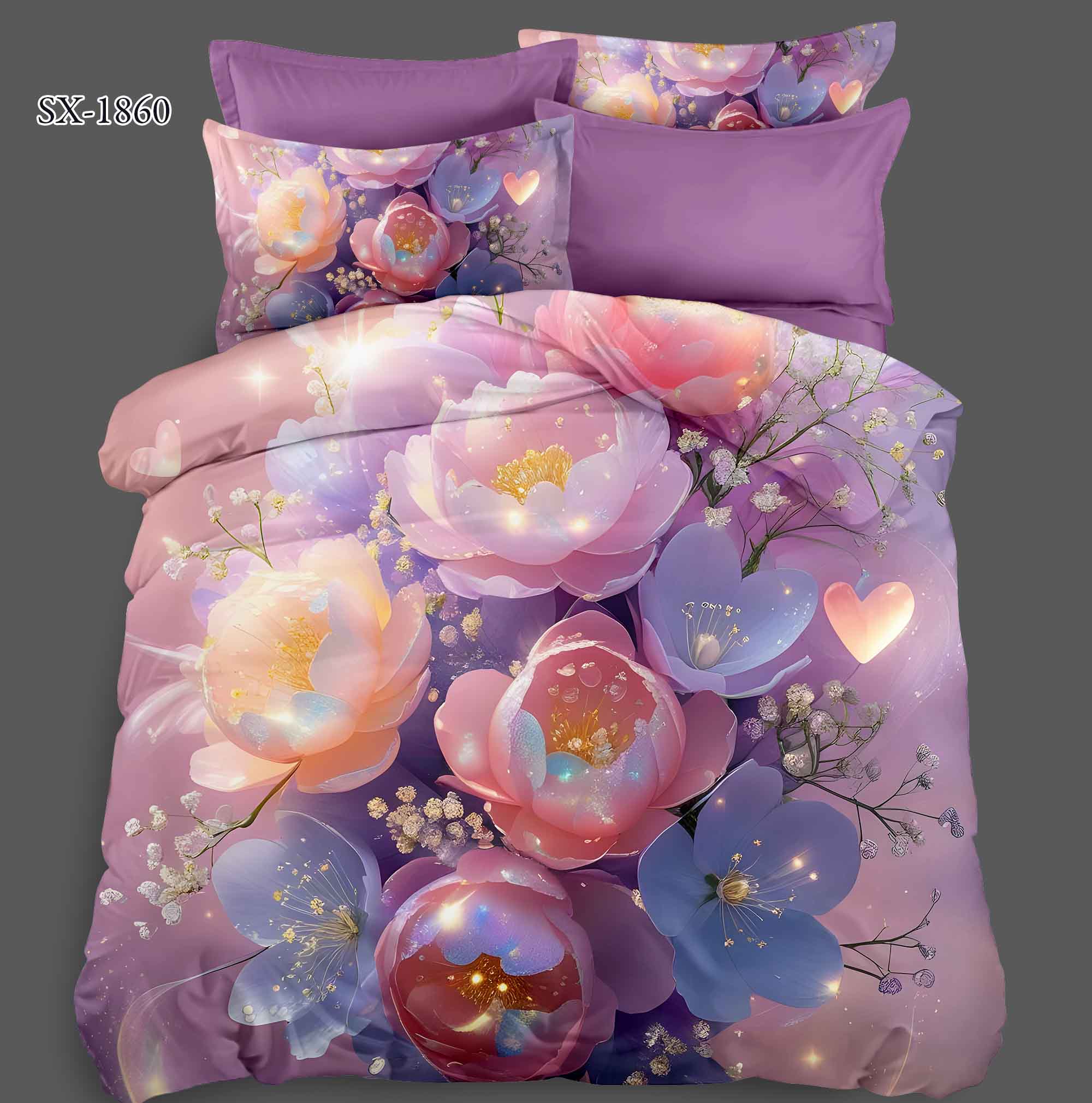 5D Floral Digital Print Bedding Set - Vibrant Pink & Blue Flowers & Glittering Hearts