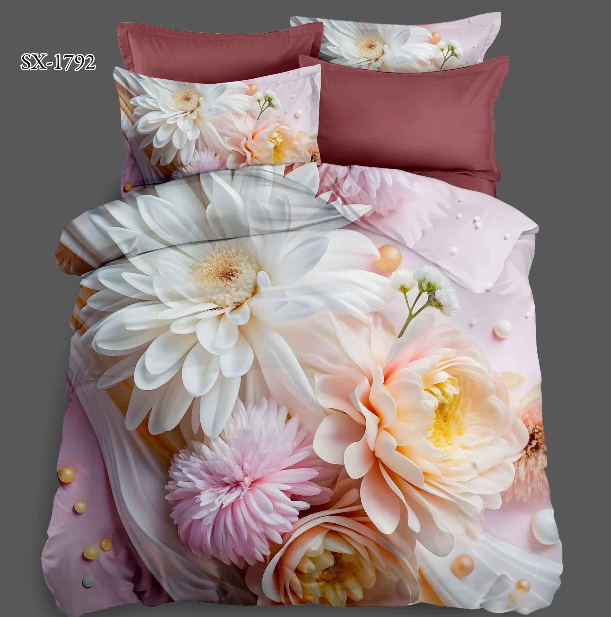 5D Floral Digital Print Bedding Set - White Dahlia & Pink Chrysanthemum