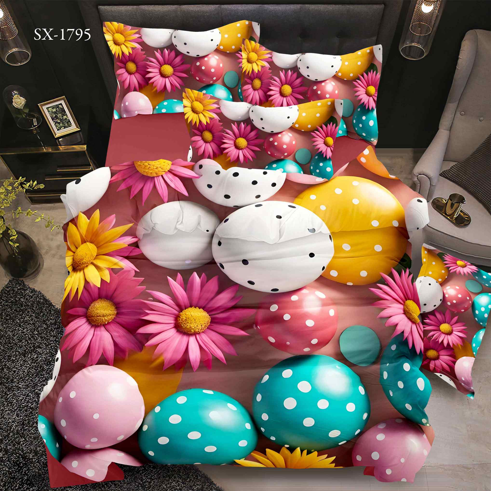 5D Floral Digital Print Bedding Set - Colorful Daisy & Easter Egg