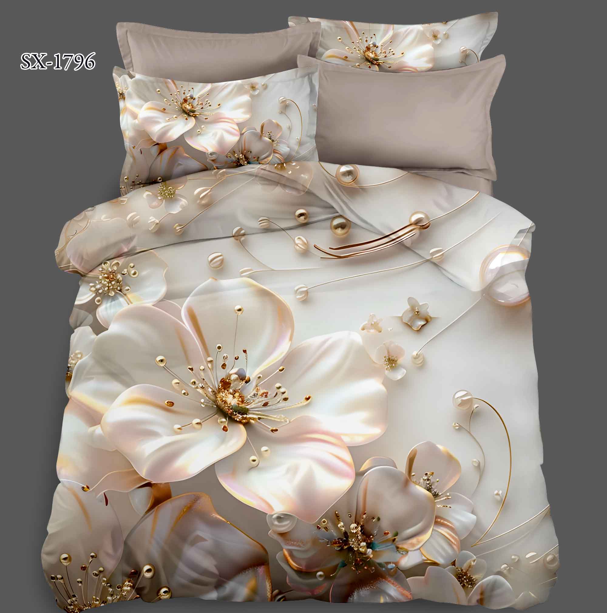 5D Floral Digital Print Bedding Set - White Peony & Gold Accents