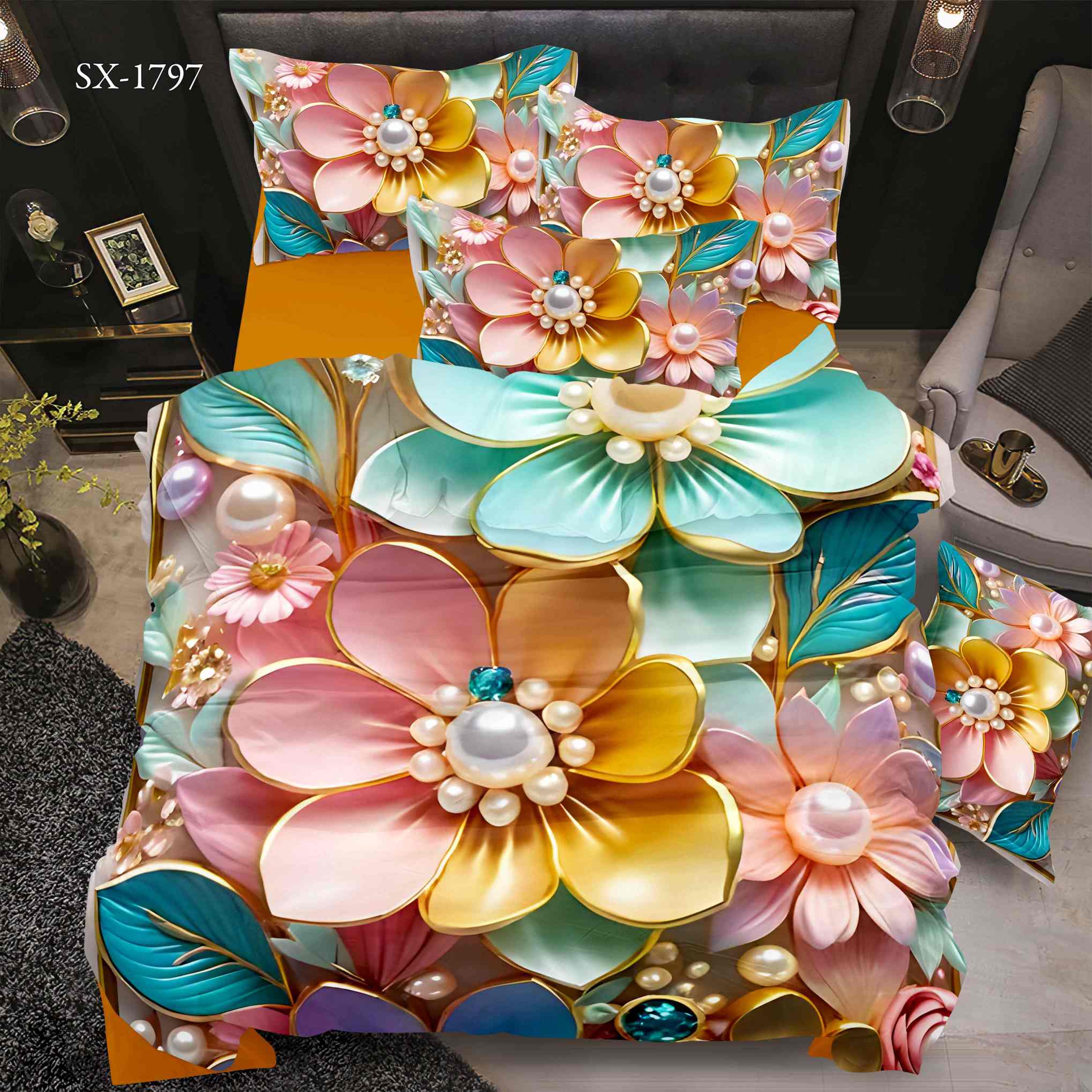 5D Floral Digital Print Bedding Set - Colorful Flower & Pearl