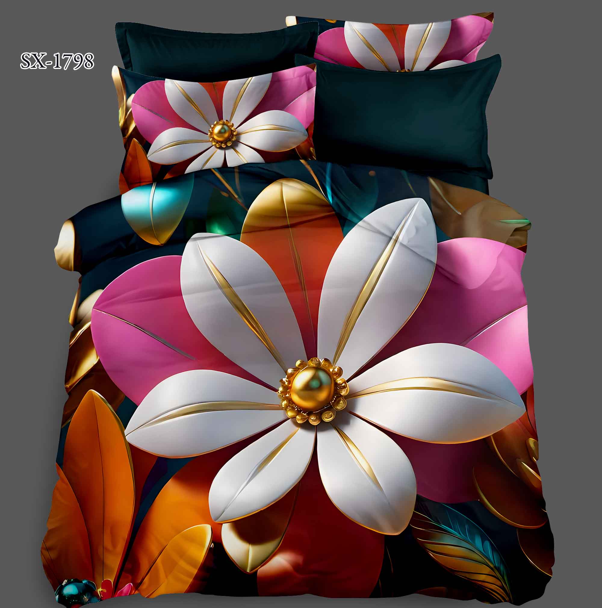 5D Floral Digital Print Bedding Set - Bold Floral & Gold Accents