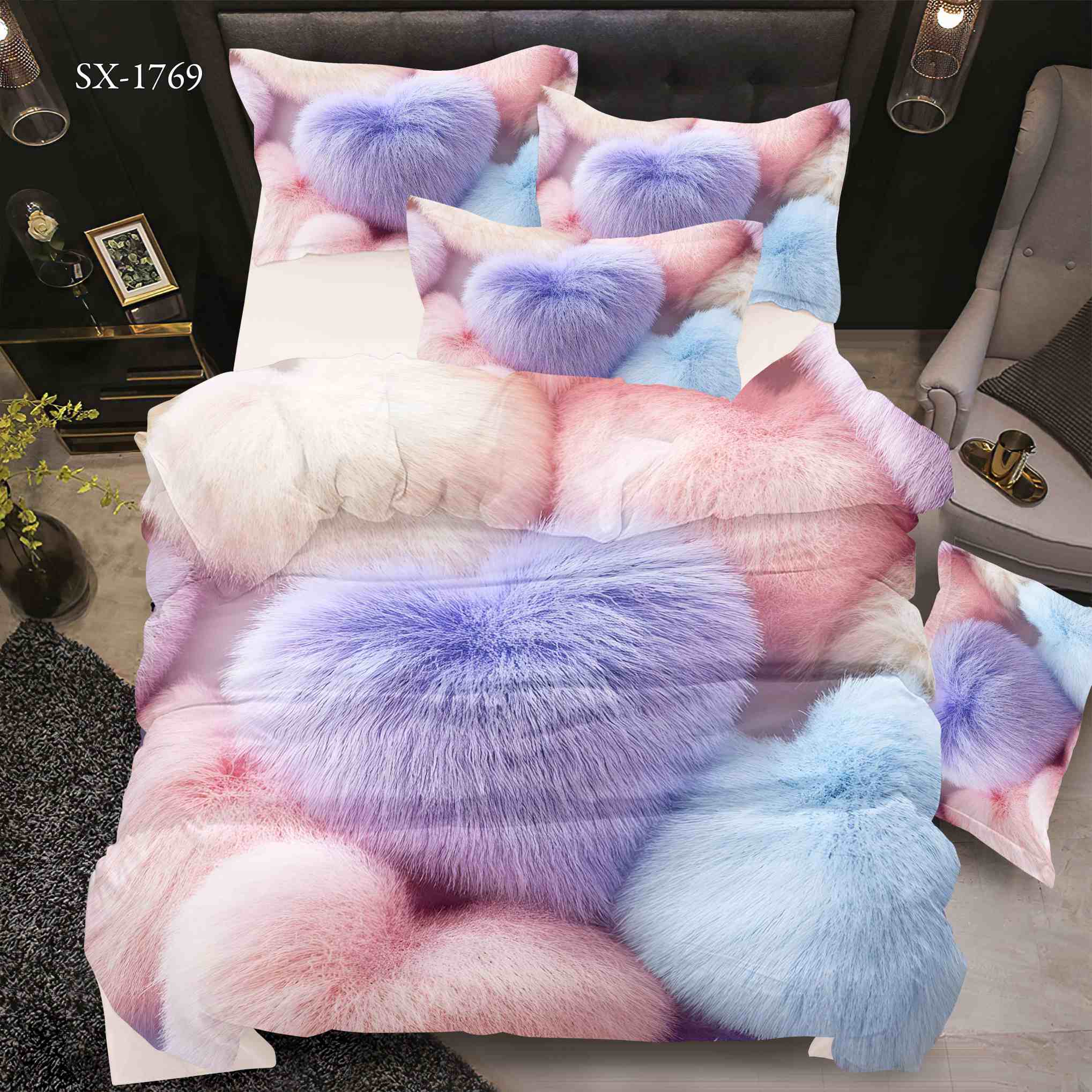 5D Floral Digital Print Bedding Set - Luxurious Faux Fur & Pastel Hearts