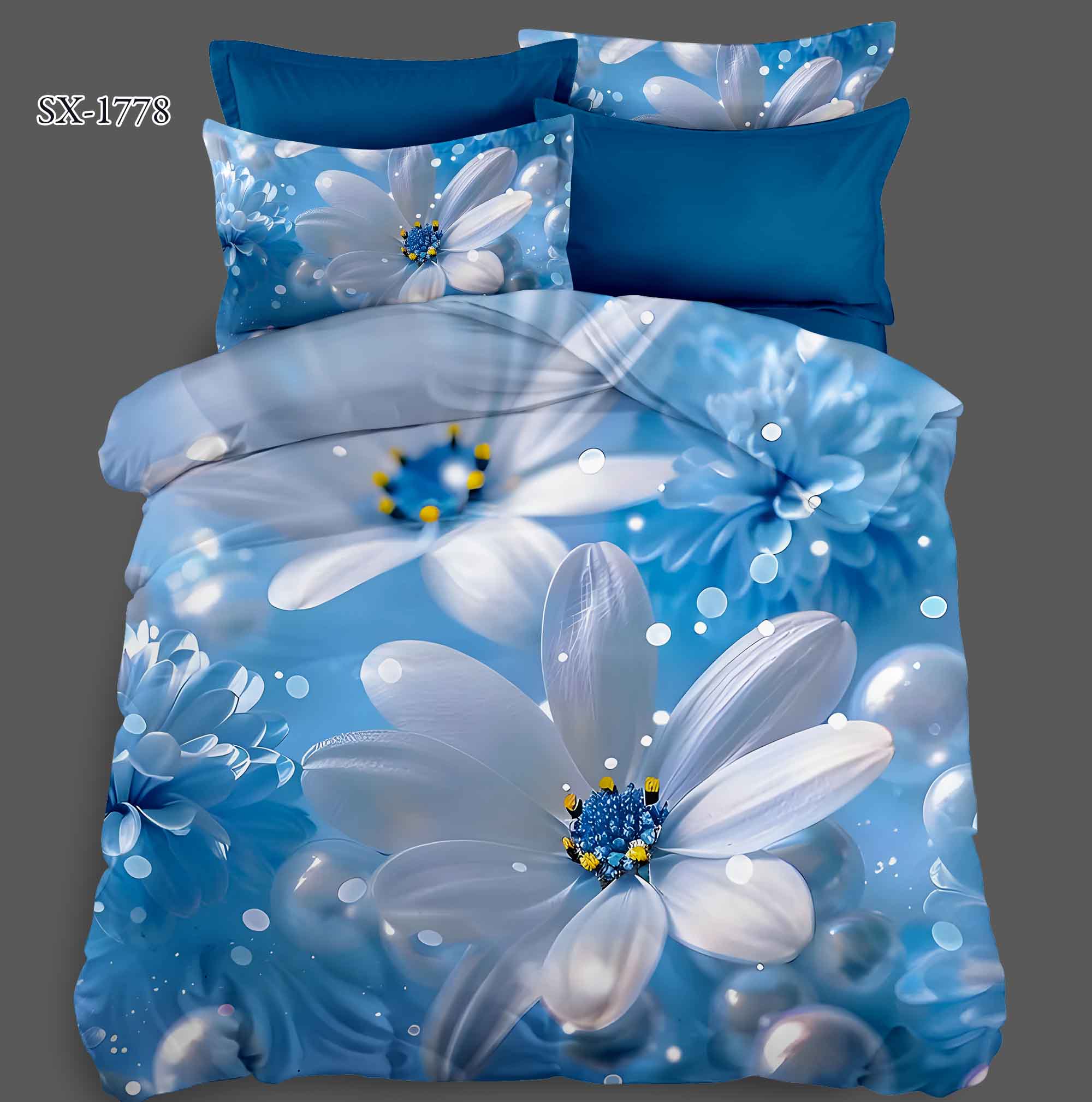 5D Floral Digital Print Bedding Set - Dreamy Blue Daisy & Pearl Accents