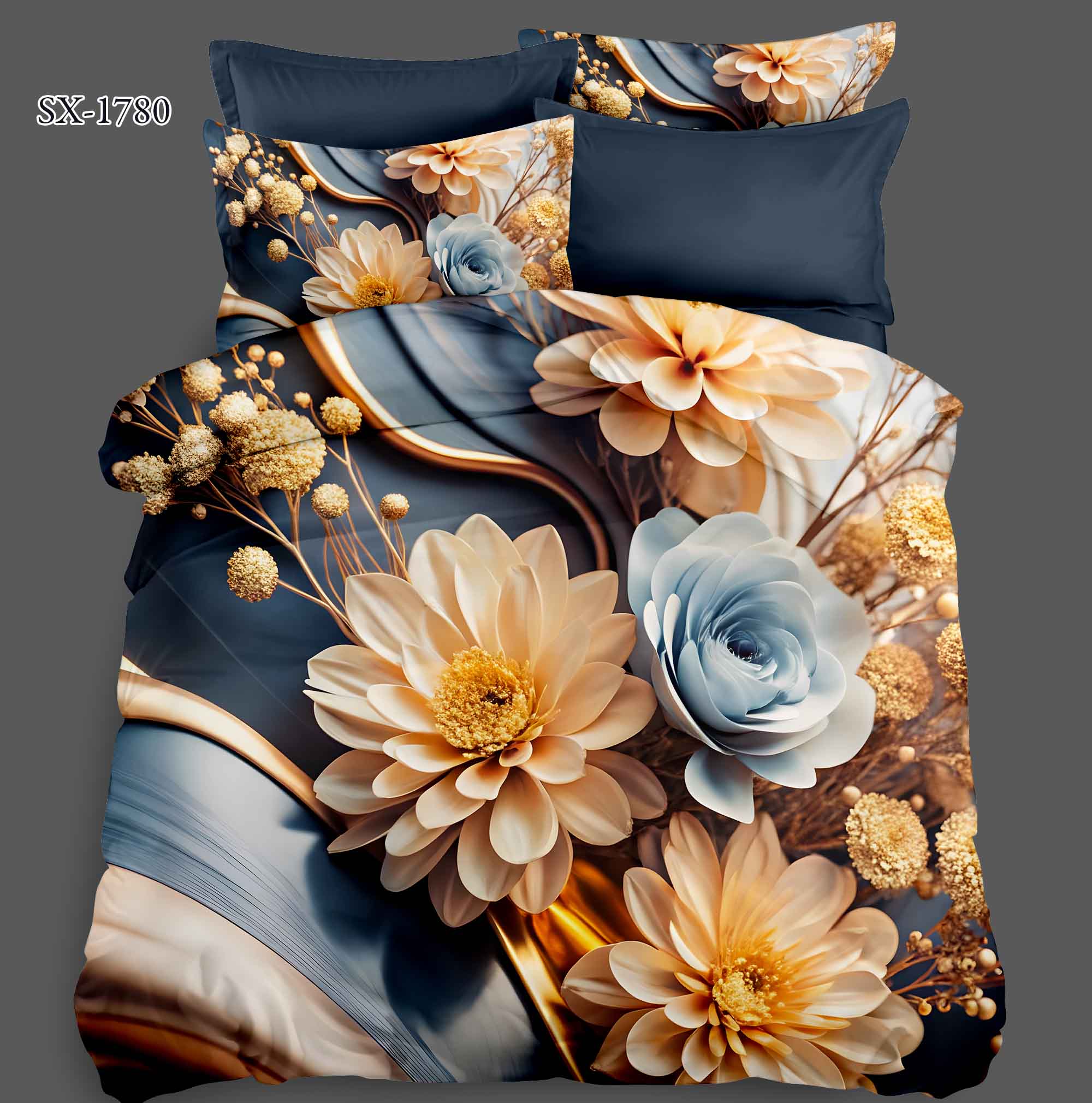 5D Floral Digital Print Bedding Set - Luxurious Gold & Blue Floral