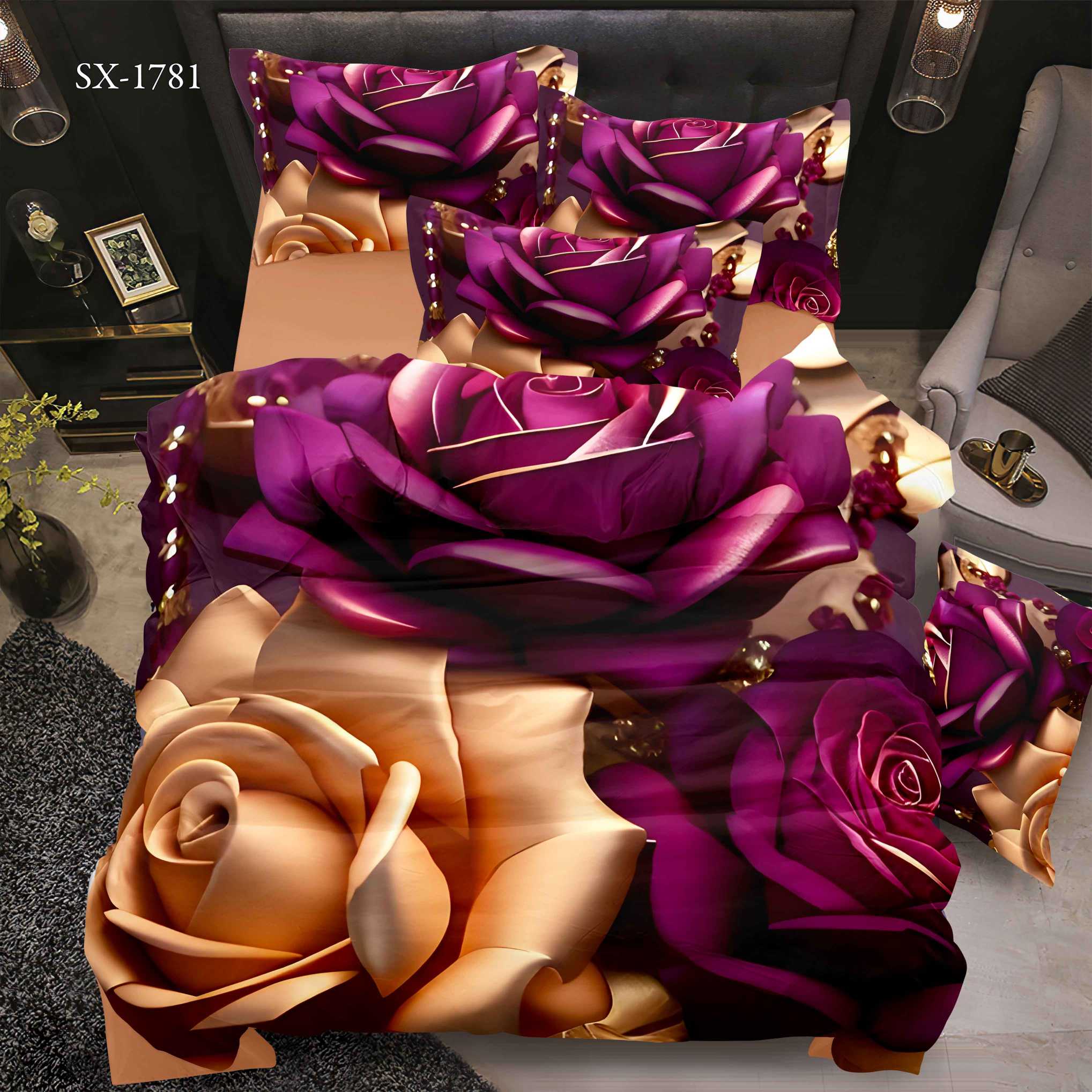 5D Floral Digital Print Bedding Set - Luxurious Purple & Gold Rose