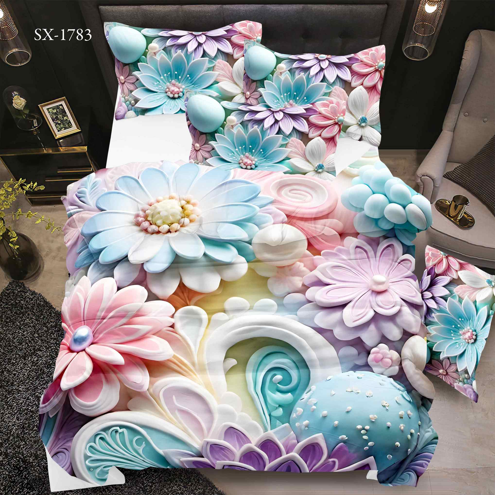 5D Floral Digital Print Bedding Set - Pastel Floral Bouquet