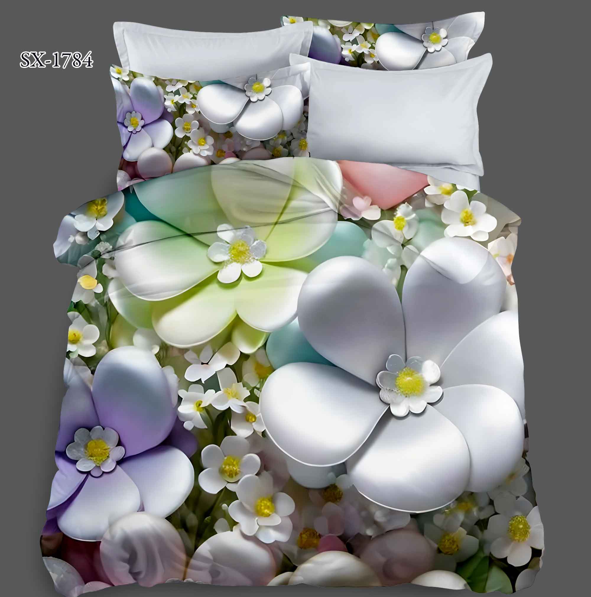 5D Floral Digital Print Bedding Set - Delicate White Floral Bouquet