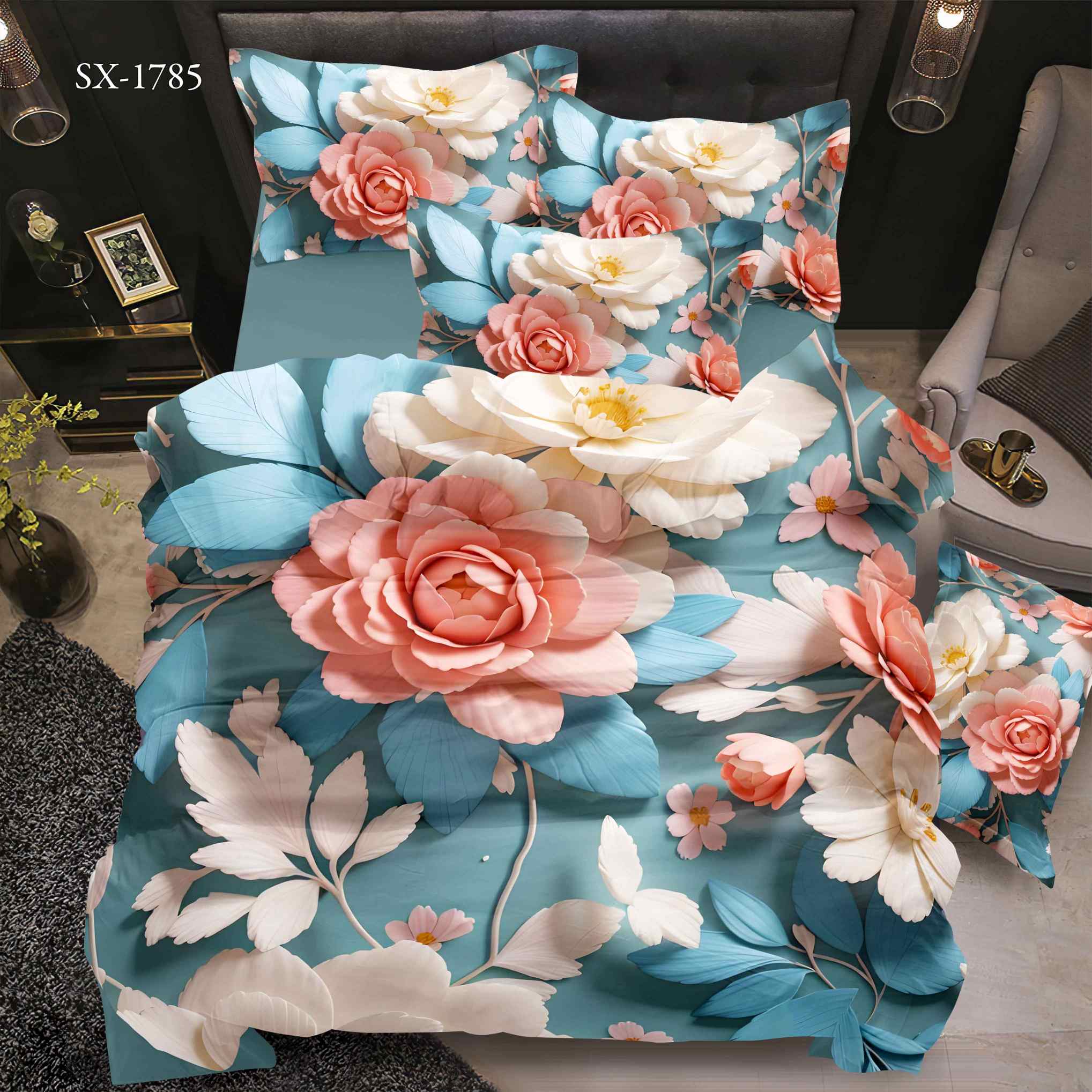 5D Floral Digital Print Bedding Set - Romantic Pink Peony & White Rose Bouquet