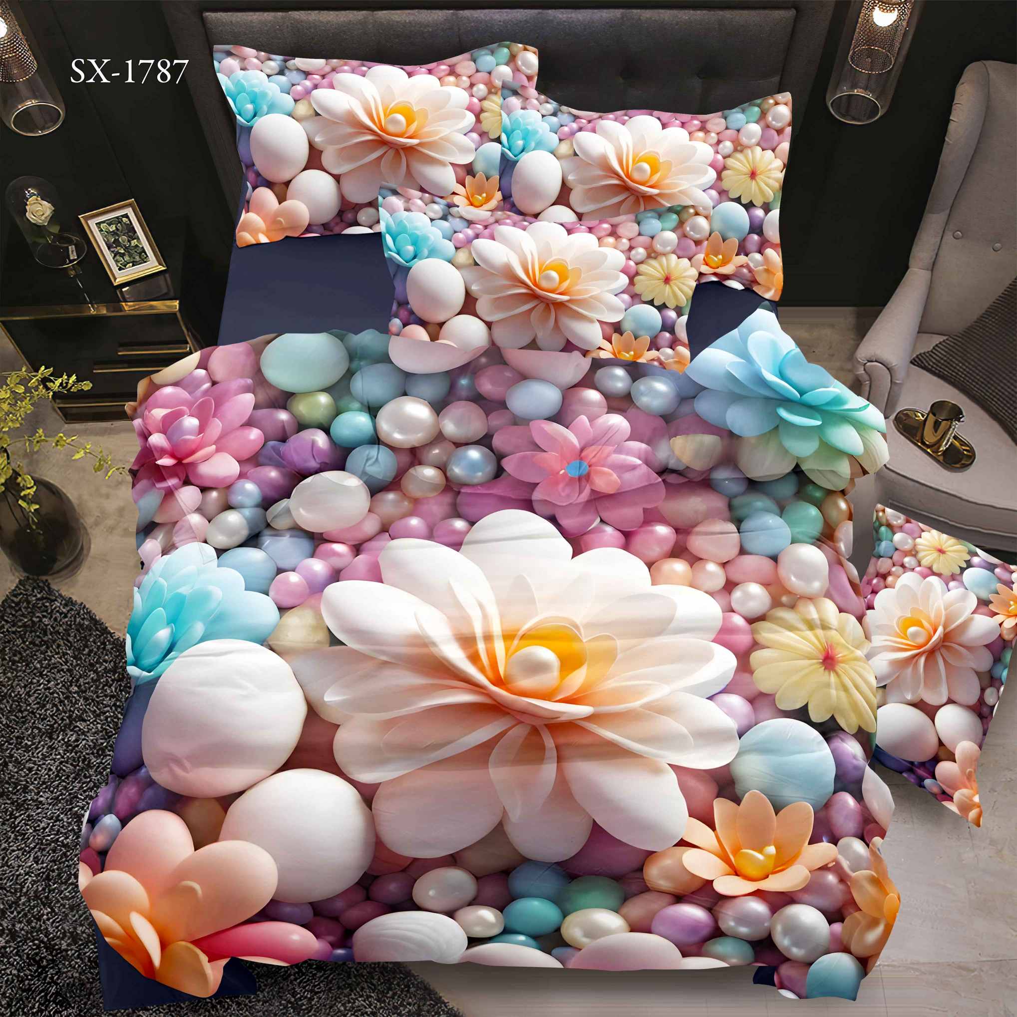 5D Floral Digital Print Bedding Set - Vibrant Flower & Pearl Bouquet