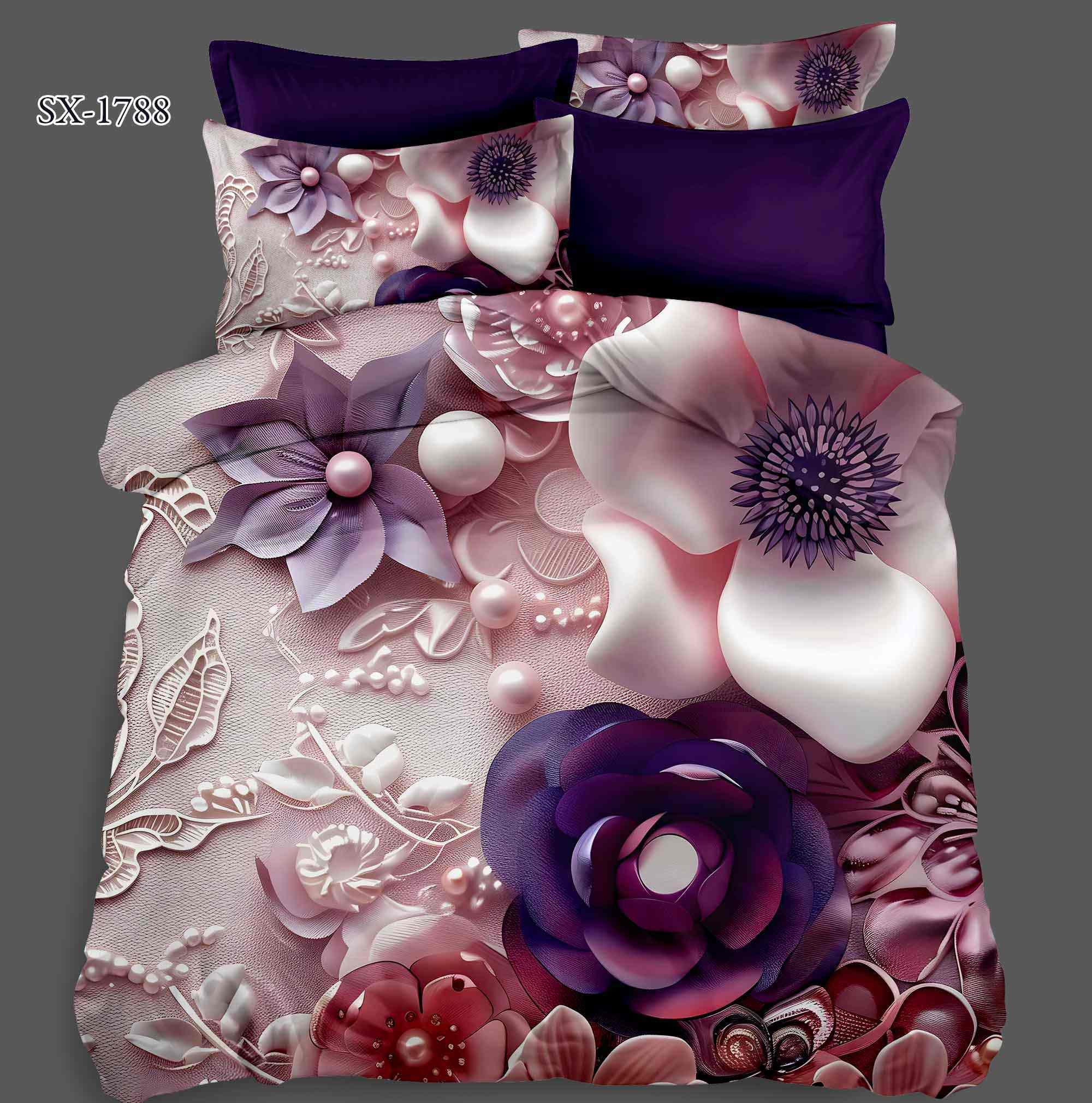 5D Floral Digital Print Bedding Set - Luxurious Purple & White Floral Bouquet