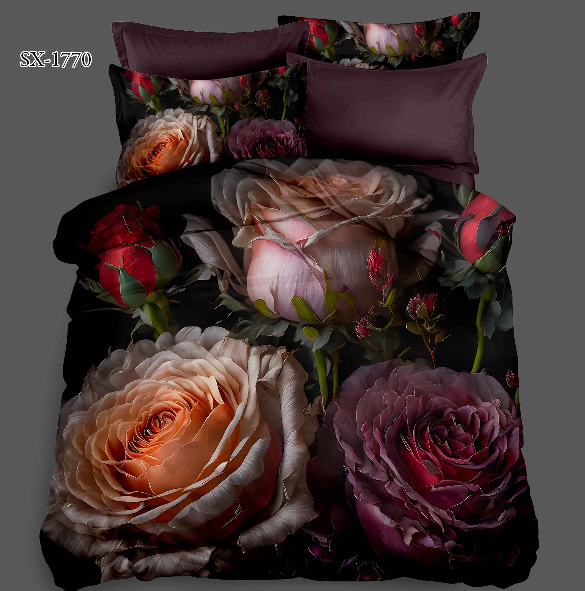5D Floral Digital Print Bedding Set - Luxurious Dark Floral Rose