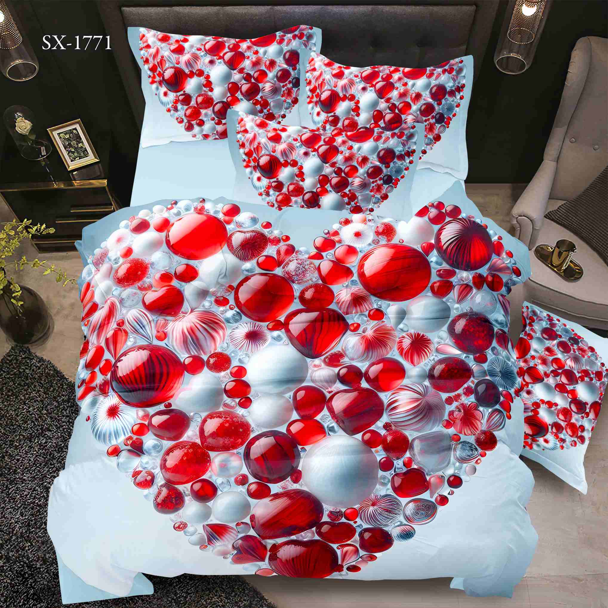 5D Floral Digital Print Bedding Set - Luxurious Red & White Bubble Heart