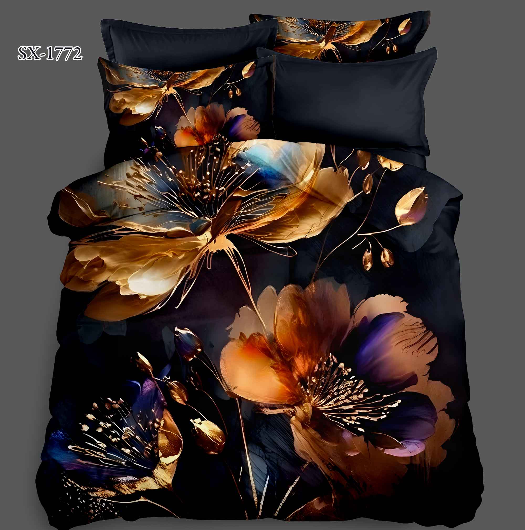 5D Floral Digital Print Bedding Set - Luxurious Dark Floral