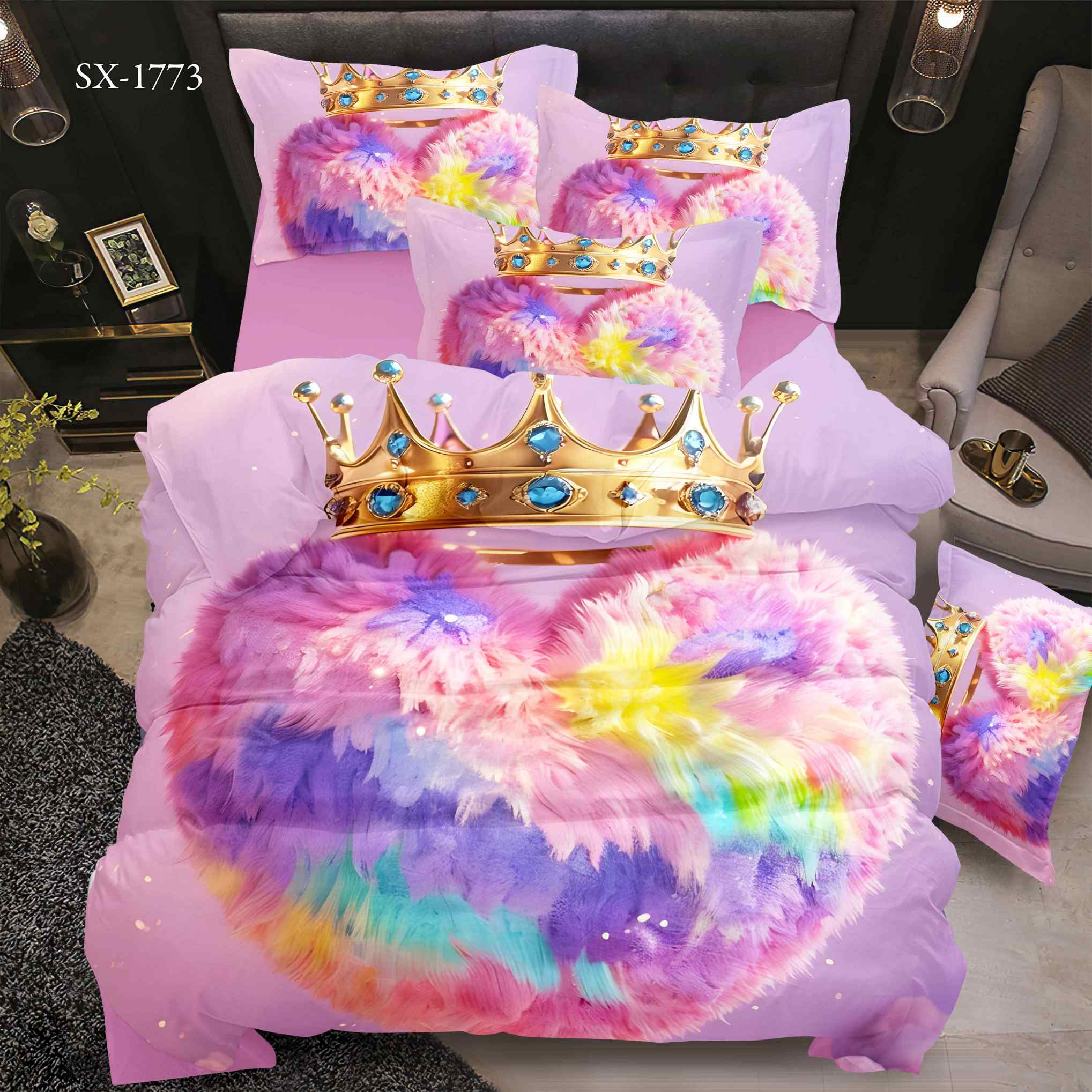 5D Floral Digital Print Bedding Set - Luxurious Rainbow Heart & Golden Crown