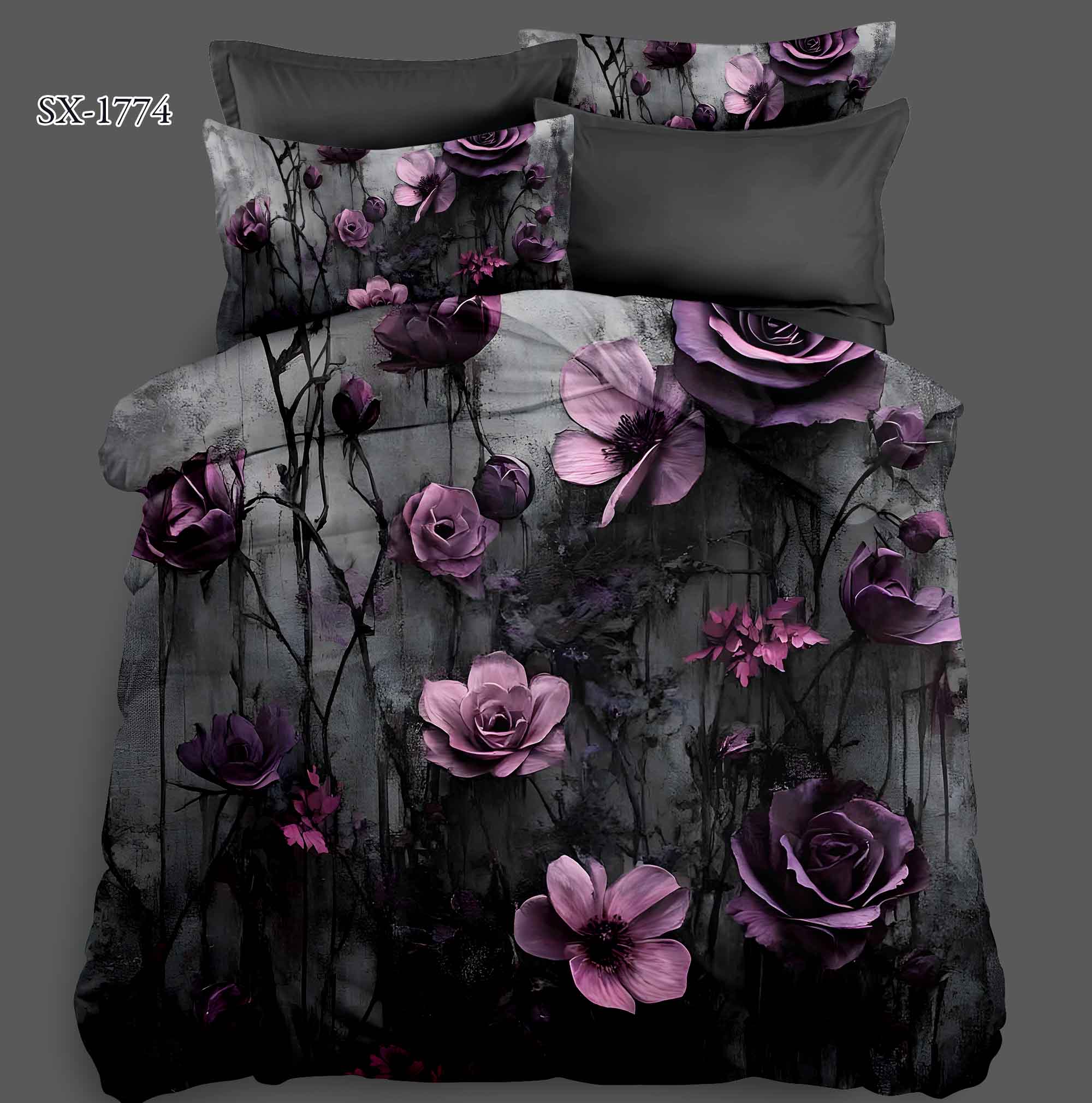 5D Floral Digital Print Bedding Set - Dark Night Purple Rose