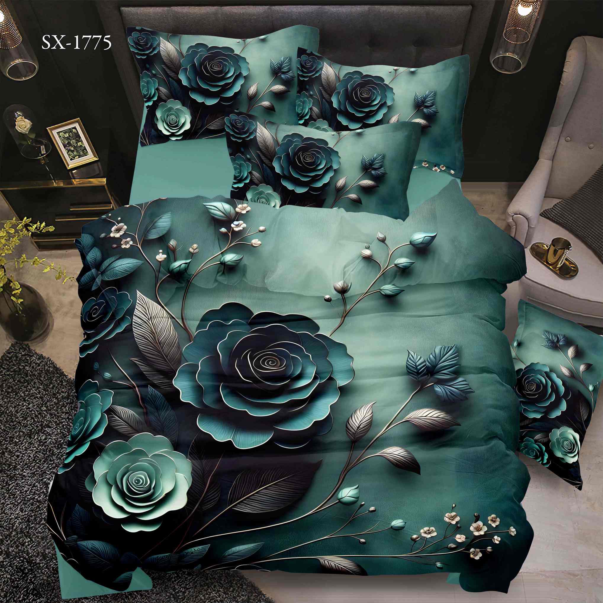 5D Floral Digital Print Bedding Set - Luxurious Dark Teal Rose