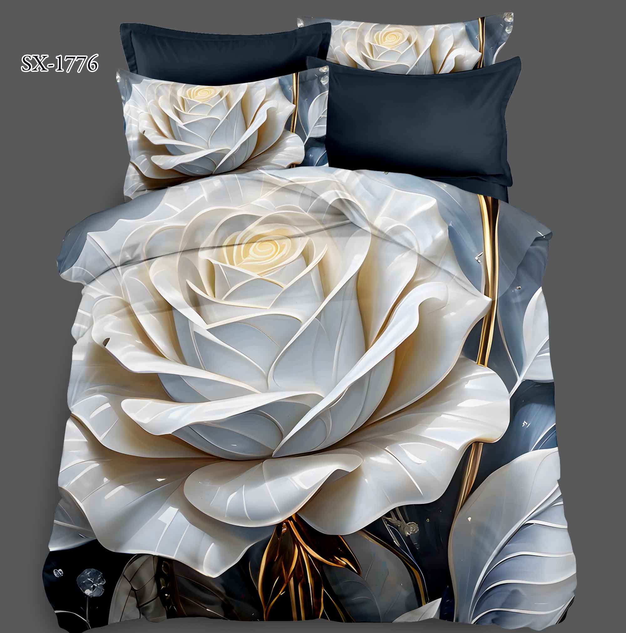5D Floral Digital Print Bedding Set - Luxurious White Rose
