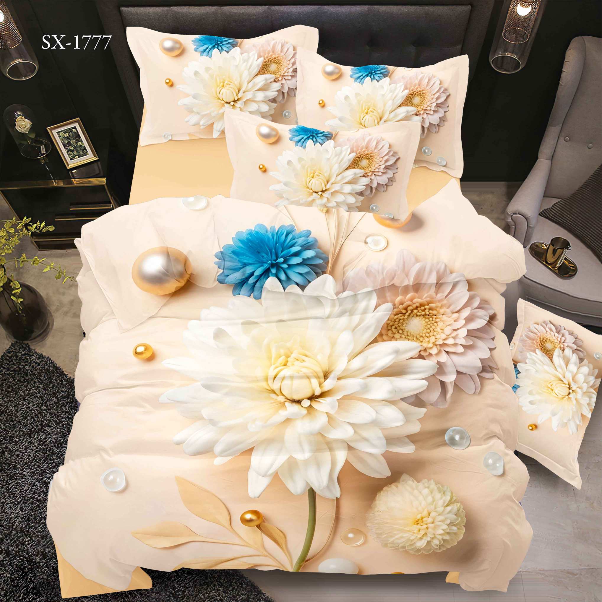 5D Floral Digital Print Bedding Set - Luxurious White Chrysanthemum & Pearl Accents